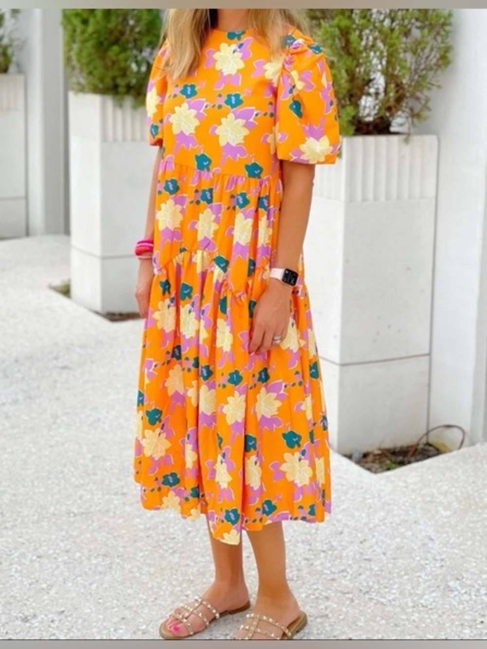 Sunday Up Orange Floral Puff Sleeve Tiered Midi Dress Size M